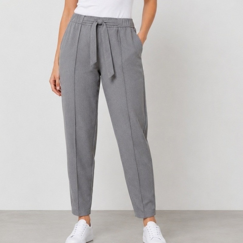 LOFT Gray Tapered Tie Waist Pintuck Trousers Size 14